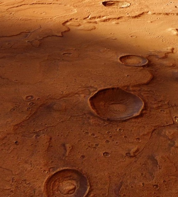 An overview of the Acidalia Planitia region taken by the European Space Agency's Mars Express orbiter. The transition between Acidalia Planitia and Tempe Terra is shown here in a computer-generated perspective view.(Image: ESA/DLR/FU Berlin (G. Neukum)