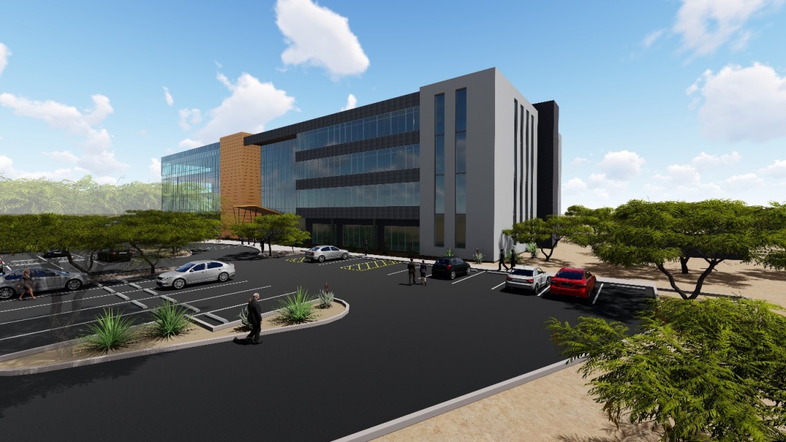 A conceptual image of a building that will house roughly 60,000 square feet of office, startup, educational and meeting spaces at the Tech Park at The Bridges.