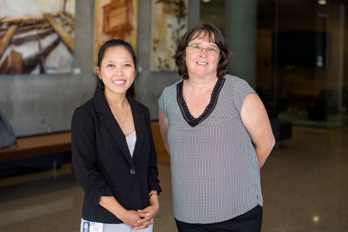 Dr. Judith Hunt (right) provides hands-on training for students in the College of Medicine – Phoenix's Certificate of Distinction in Rural Health Professions Program. Hunt, who practices medicine in Payson, is pictured with Julia Nguyen, a second-year med