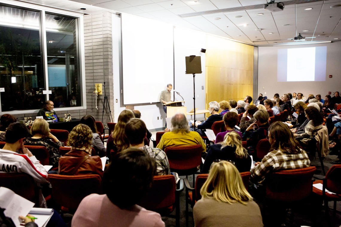 Srikanth Reddy reads one of his poems at a Poetry Center event in 2015. The recording is part of the center's Voca archive. (Photo courtesty of the Poetry Center)