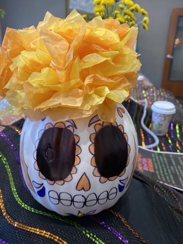 The Office of the Provost's Día de los Muertos-themed Pumpkin-Crafting Contest raised $1,027.78 for the Campus Pantry. This pumpkin was submitted by Ben Brock, Ariyah Armstrong, Aaike Dergance and Danika Valenzuela, all student workers in the Office of th