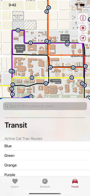 The upgraded app includes a Cat Tran map featuring real-time locations of shuttles.